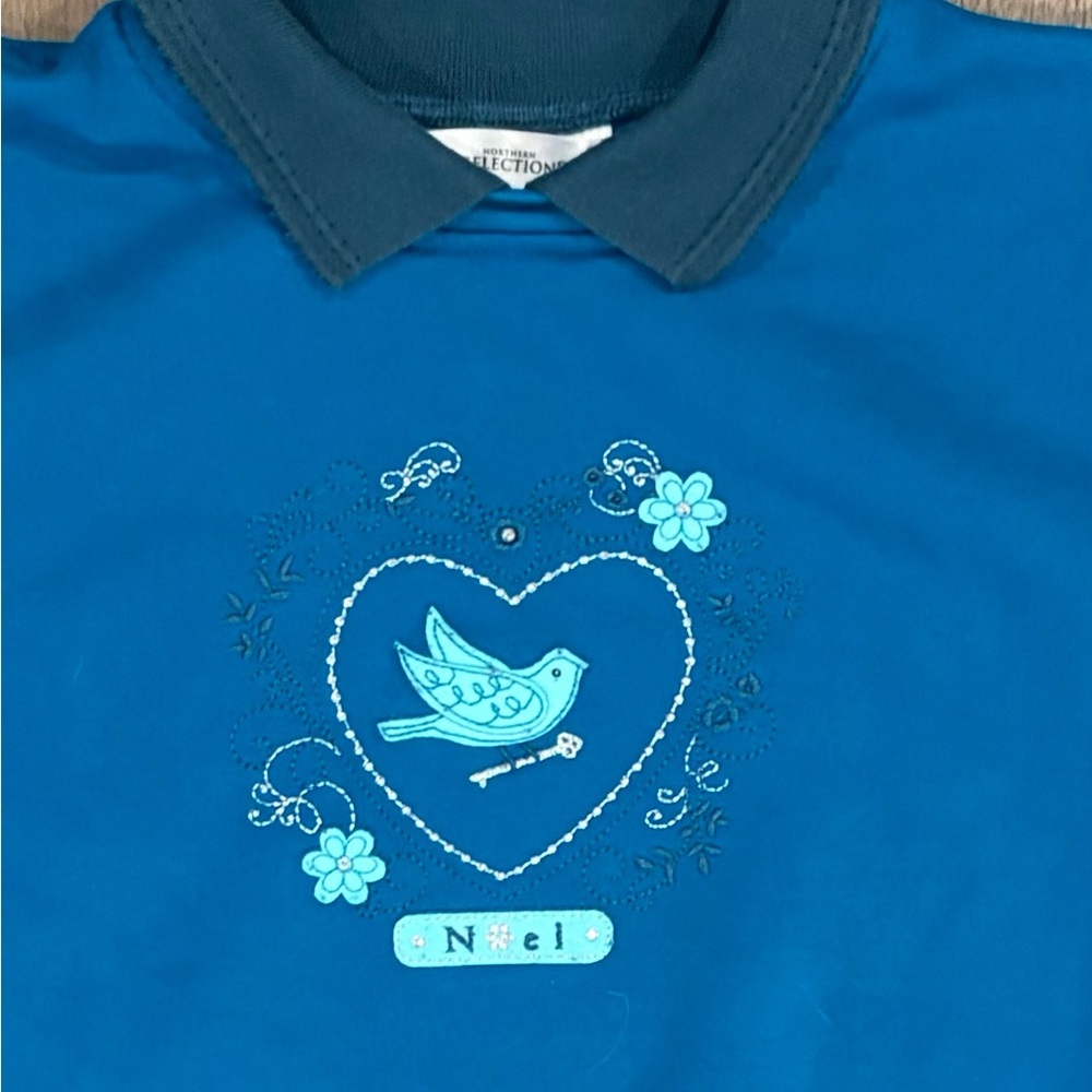Northern Reflections Noel Bird Collared Sweatshirt Blue Sz S Holiday Vintage - Picture 4 of 9